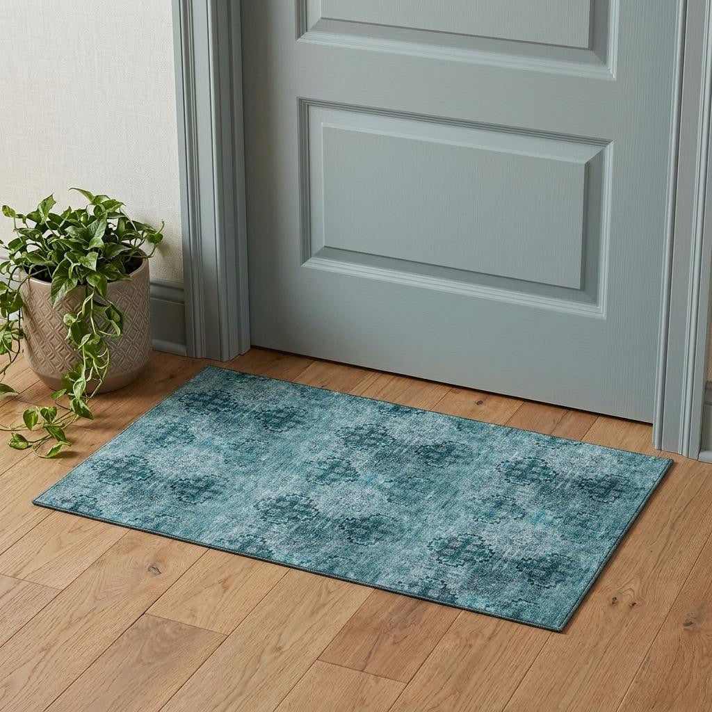 3 X 5 Teal And Ivory Floral Medallion Distressed Washable Area Rug With UV Protection