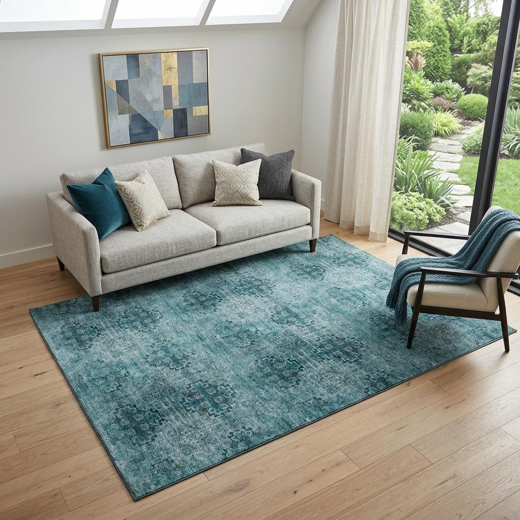 5 X 8 Teal And Ivory Floral Medallion Distressed Washable Area Rug With UV Protection