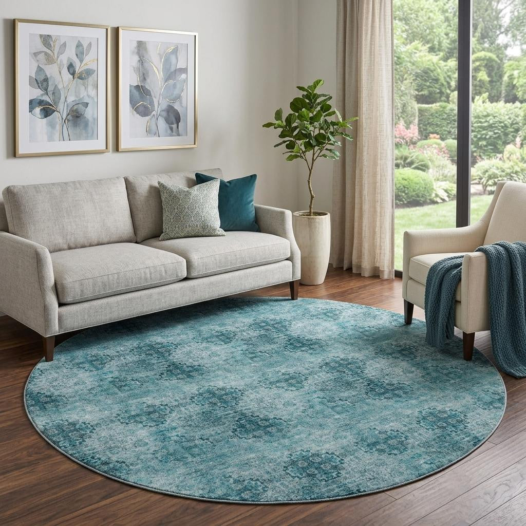 8 Teal And Ivory Floral Medallion Distressed Washable Round Rug With UV Protection