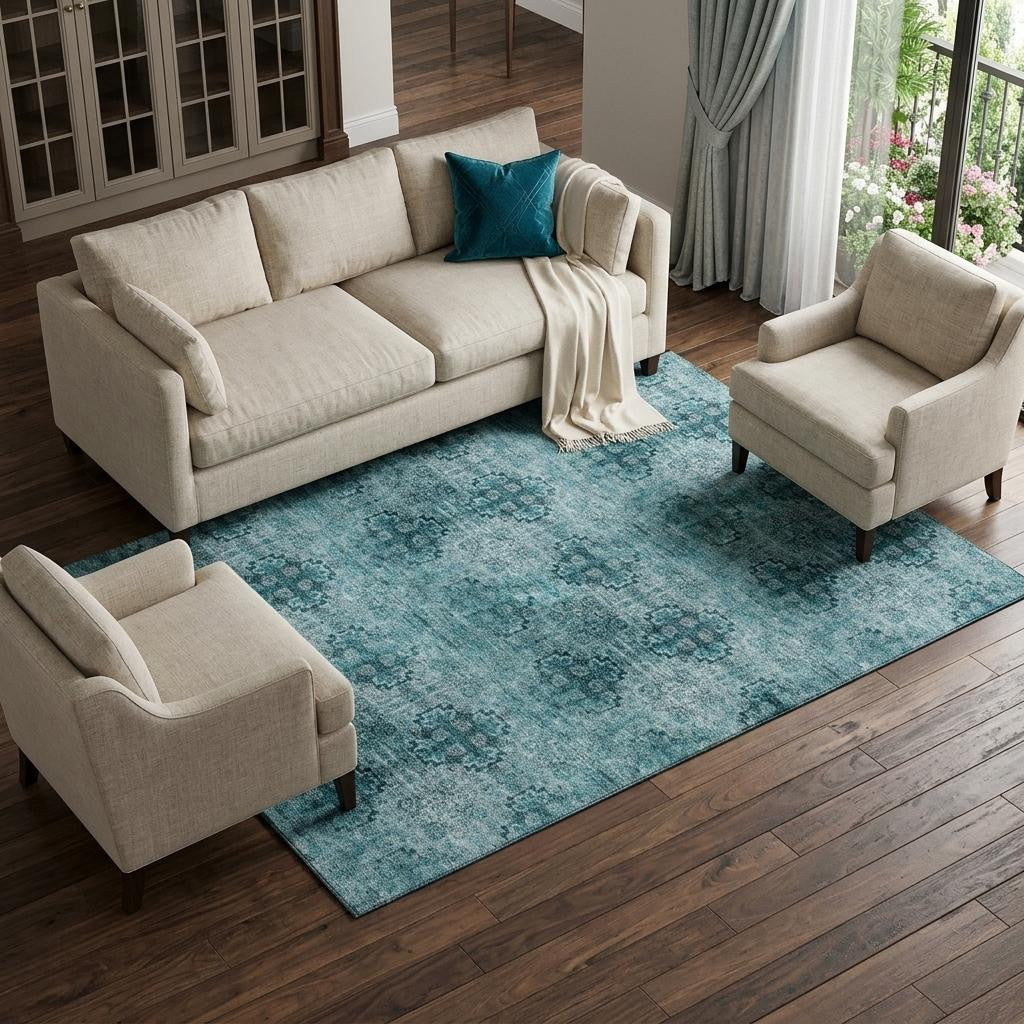 8 X 10 Teal And Ivory Floral Medallion Distressed Washable Area Rug With UV Protection