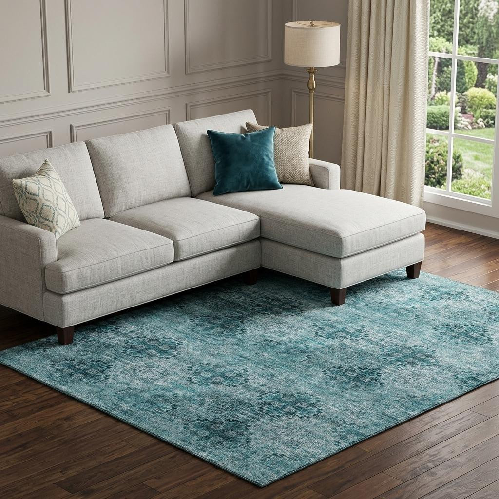 10 X 14 Teal And Ivory Floral Medallion Distressed Washable Area Rug With UV Protection