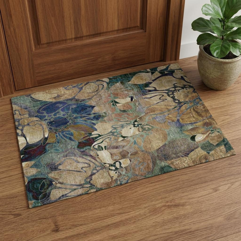 3 X 5 Beige Blue And Purple Abstract Distressed Washable Area Rug With UV Protection