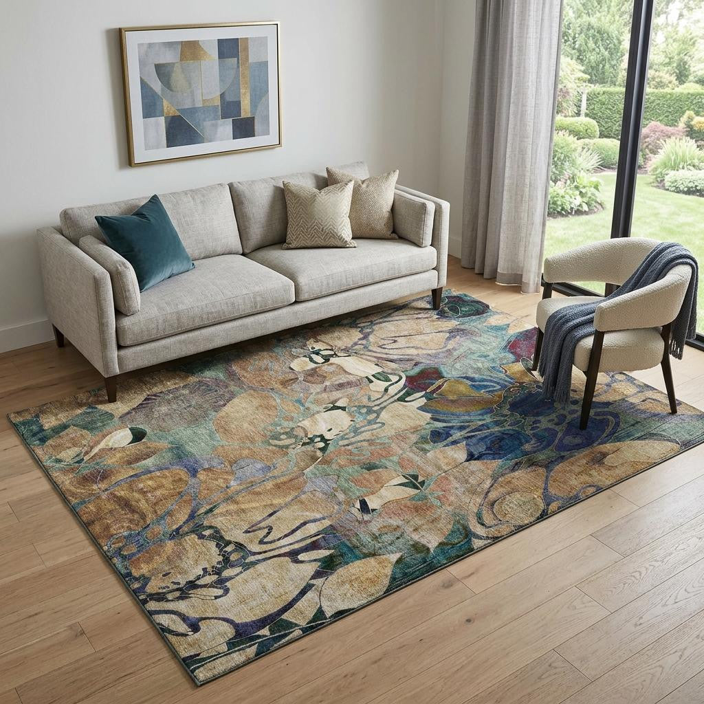 5 X 8 Beige Blue And Purple Abstract Distressed Washable Area Rug With UV Protection