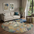 8 Beige Blue And Purple Abstract Distressed Washable Round Rug With UV Protection