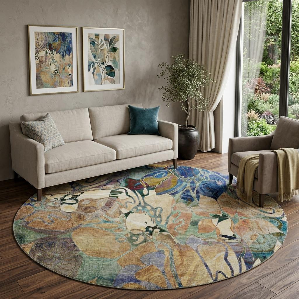 8 Beige Blue And Purple Abstract Distressed Washable Round Rug With UV Protection