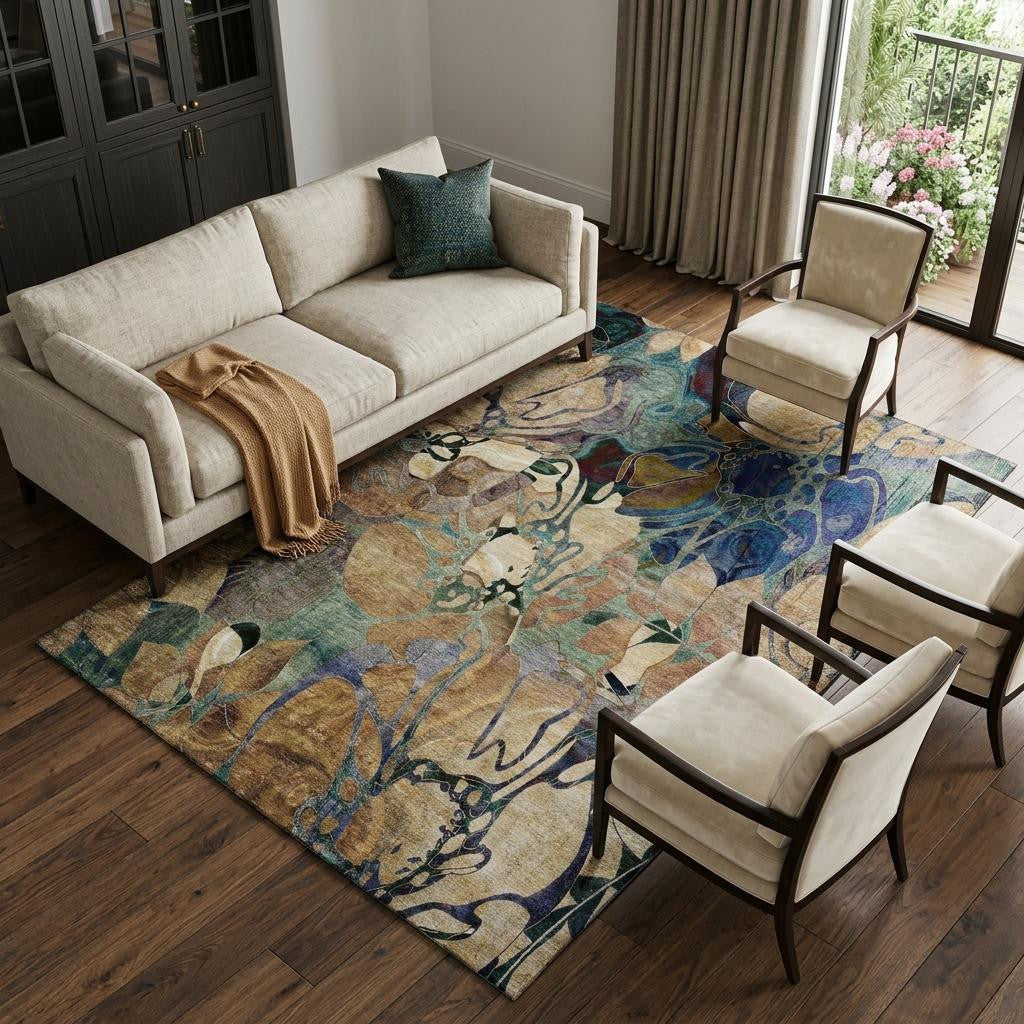 8 X 10 Beige Blue And Purple Abstract Distressed Washable Area Rug With UV Protection