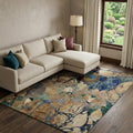 9 X 12 Beige Blue And Purple Abstract Distressed Washable Area Rug With UV Protection