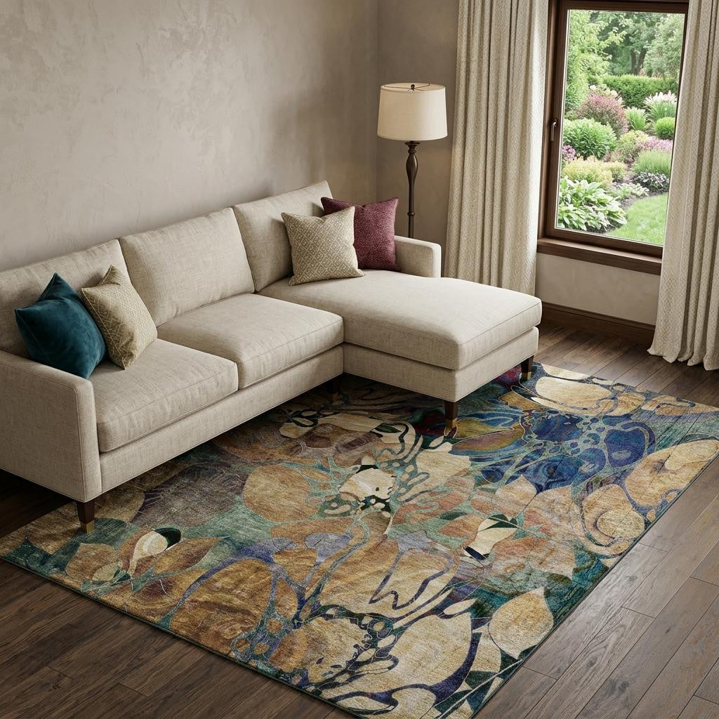 9 X 12 Beige Blue And Purple Abstract Distressed Washable Area Rug With UV Protection