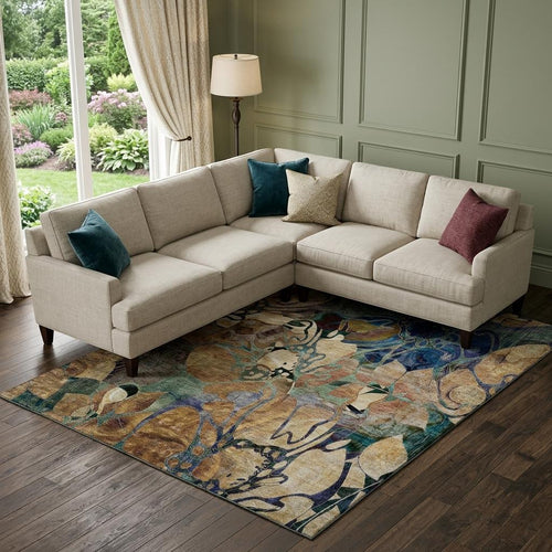 10 X 14 Beige Blue And Purple Abstract Distressed Washable Area Rug With UV Protection