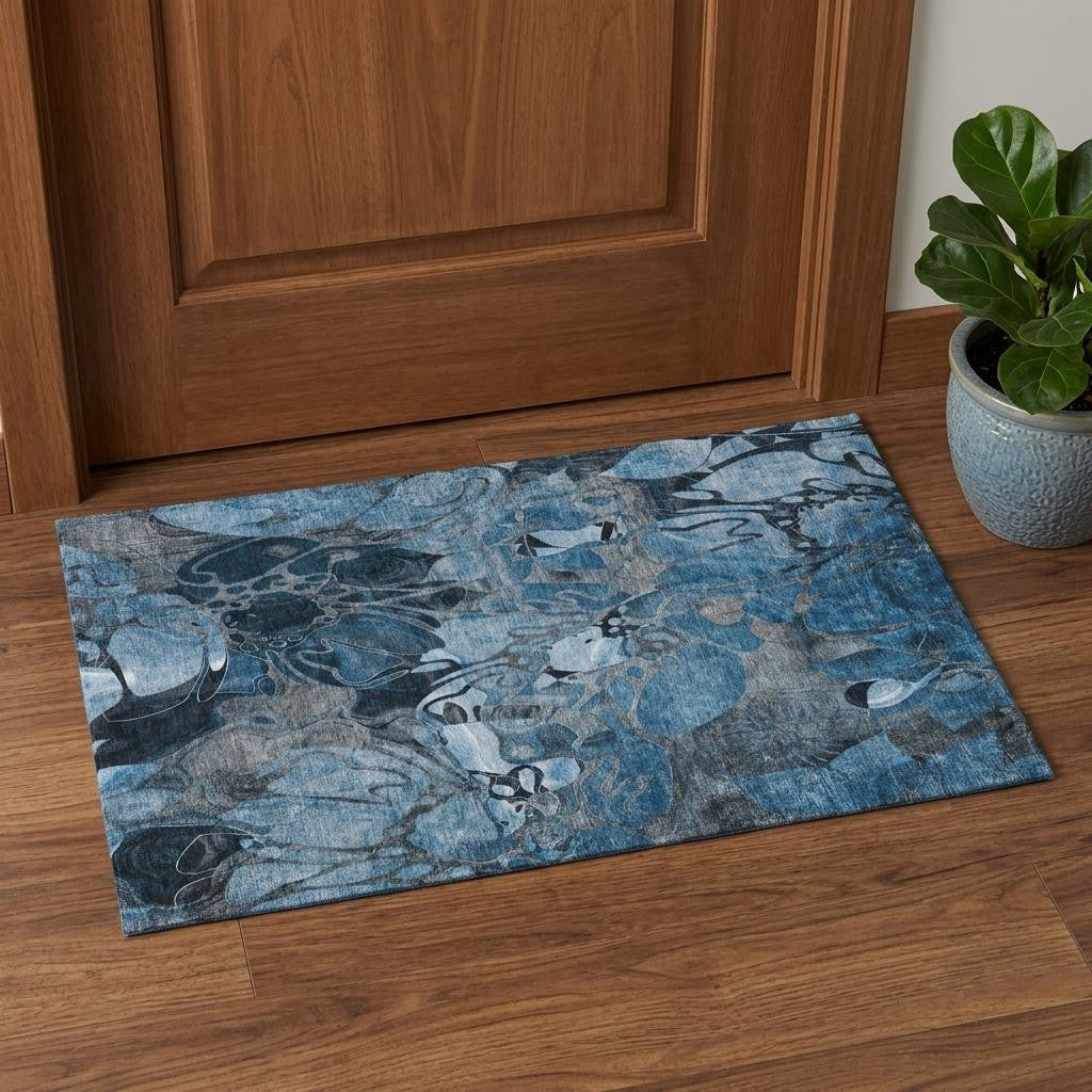 3 X 5 Blue Ivory And Gray Abstract Distressed Washable Area Rug With UV Protection