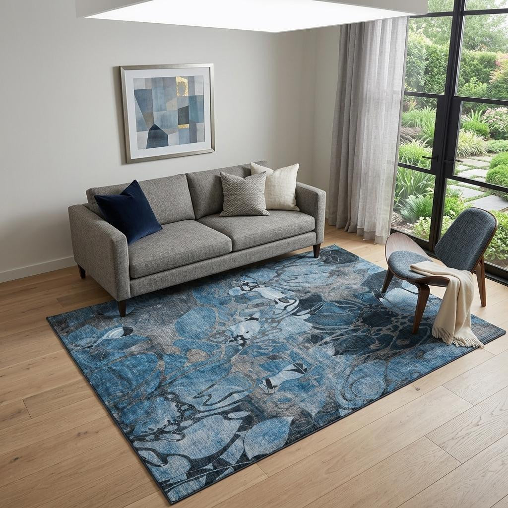 5 X 8 Blue Ivory And Gray Abstract Distressed Washable Area Rug With UV Protection