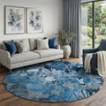 8 Blue Ivory And Gray Abstract Distressed Washable Round Rug With UV Protection