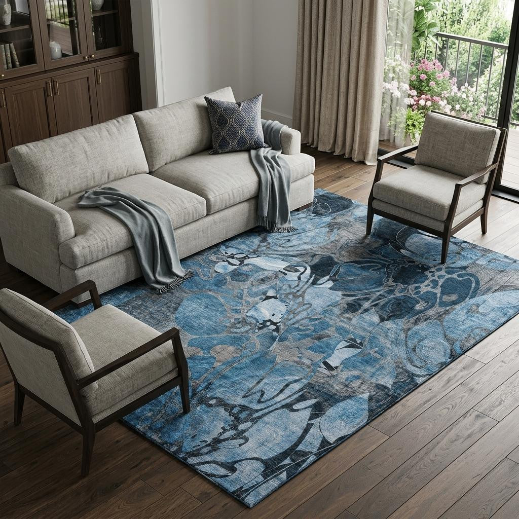 9 X 12 Blue Ivory And Gray Abstract Distressed Washable Area Rug With UV Protection