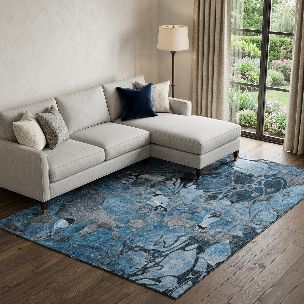 10 X 14 Blue Ivory And Gray Abstract Distressed Washable Area Rug With UV Protection