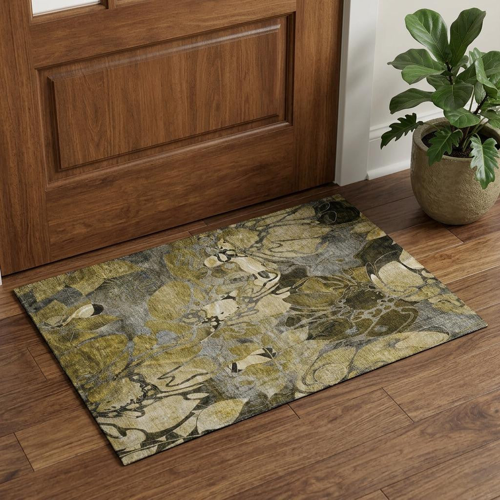 3 X 5 Brown Beige And Gold Abstract Distressed Washable Area Rug With UV Protection