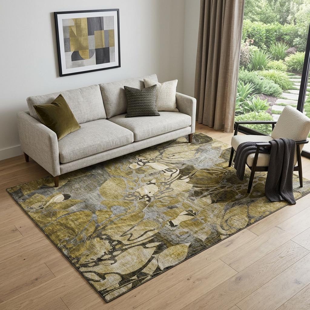 5 X 8 Brown Beige And Gold Abstract Distressed Washable Area Rug With UV Protection