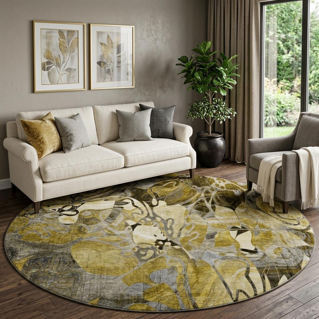 8 Brown Beige And Gold Abstract Distressed Washable Round Rug With UV Protection