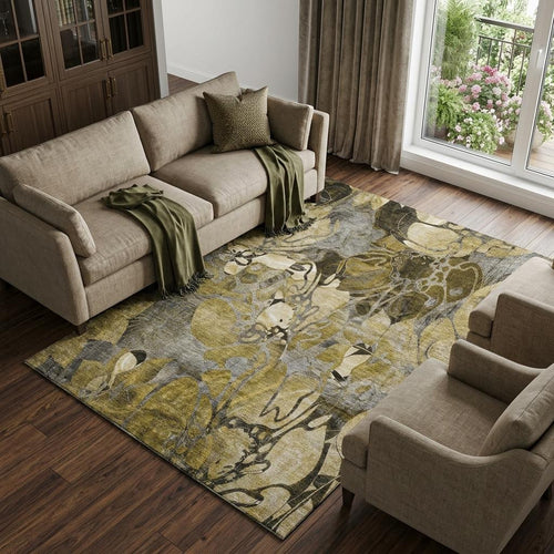 10 X 14 Brown Beige And Gold Abstract Distressed Washable Area Rug With UV Protection