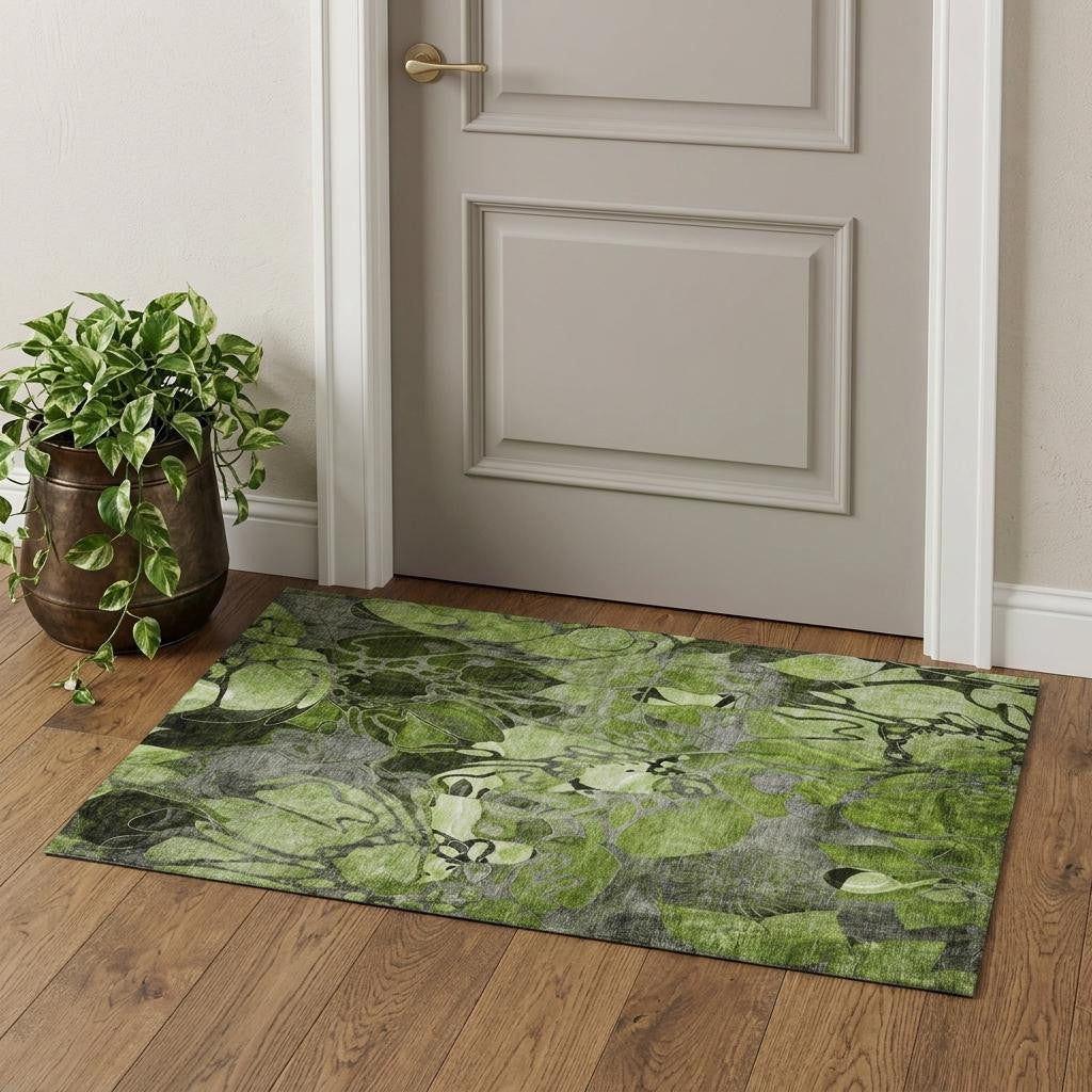 3 X 5 Fern Green And Gray Abstract Distressed Washable Area Rug With UV Protection