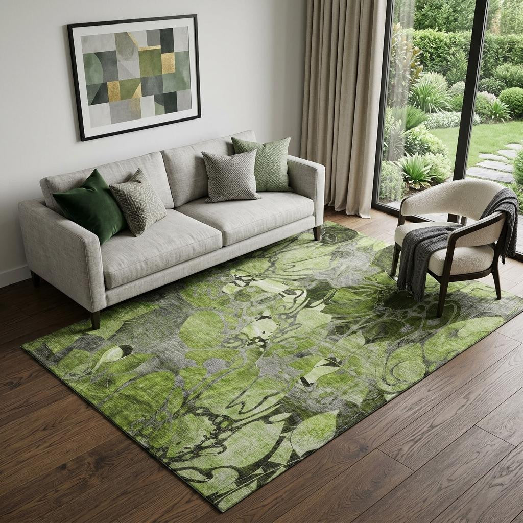 5 X 8 Fern Green And Gray Abstract Distressed Washable Area Rug With UV Protection