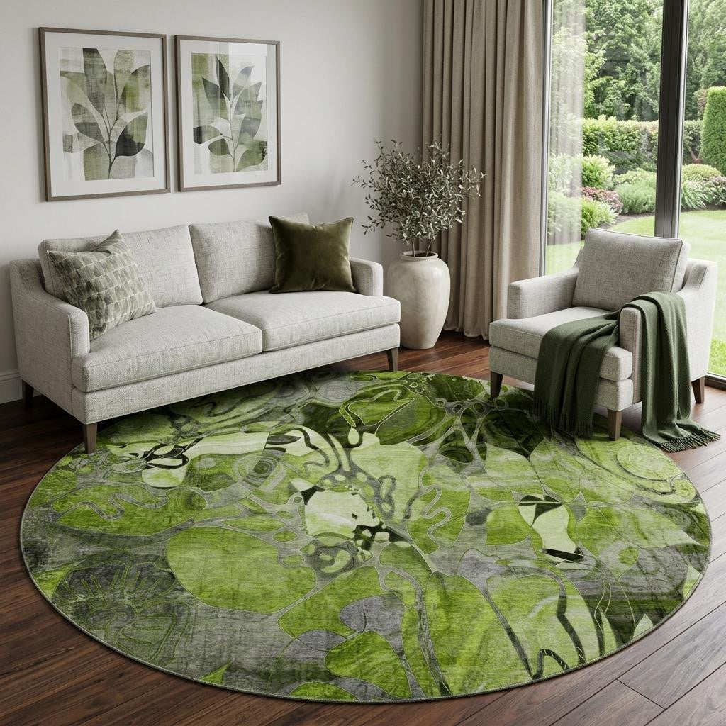 8 Fern Green And Gray Abstract Distressed Washable Round Rug With UV Protection