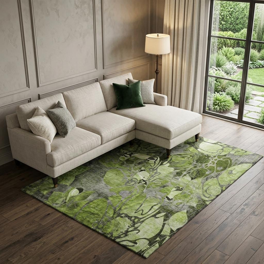 8 X 10 Fern Green And Gray Abstract Distressed Washable Area Rug With UV Protection