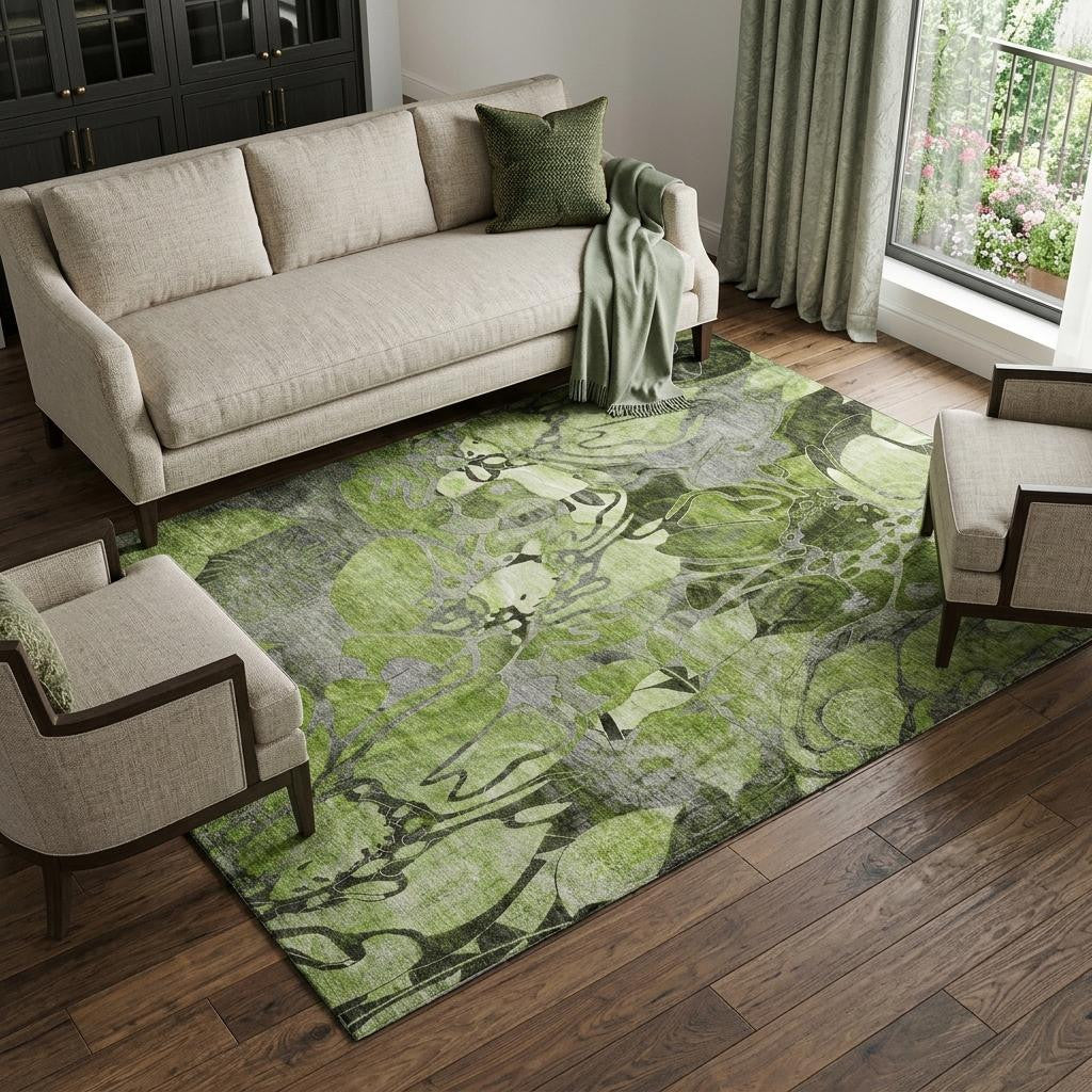 9 X 12 Fern Green And Gray Abstract Distressed Washable Area Rug With UV Protection