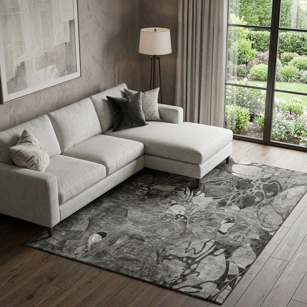 8 X 10 Gray And Ivory Abstract Distressed Washable Area Rug With UV Protection