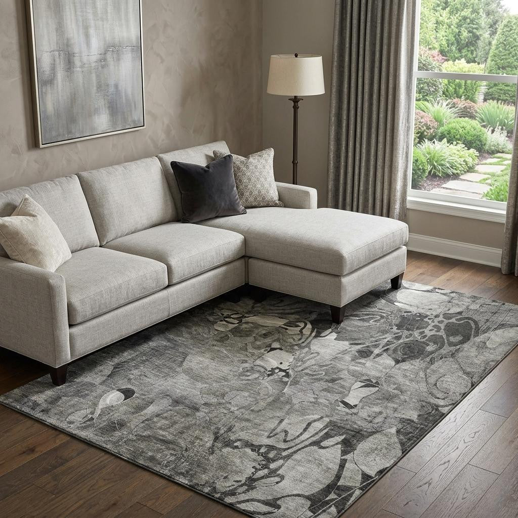 9 X 12 Gray And Ivory Abstract Distressed Washable Area Rug With UV Protection