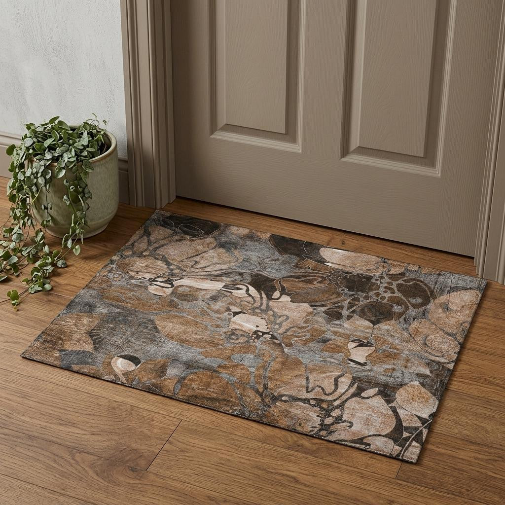 3 X 5 Rust And Gray Abstract Distressed Washable Area Rug With UV Protection