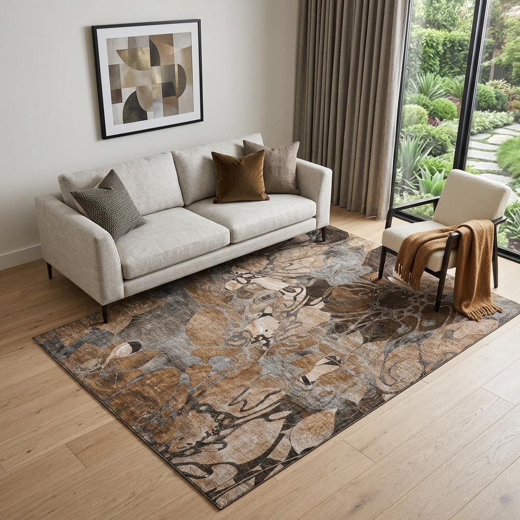 5 X 8 Rust And Gray Abstract Distressed Washable Area Rug With UV Protection