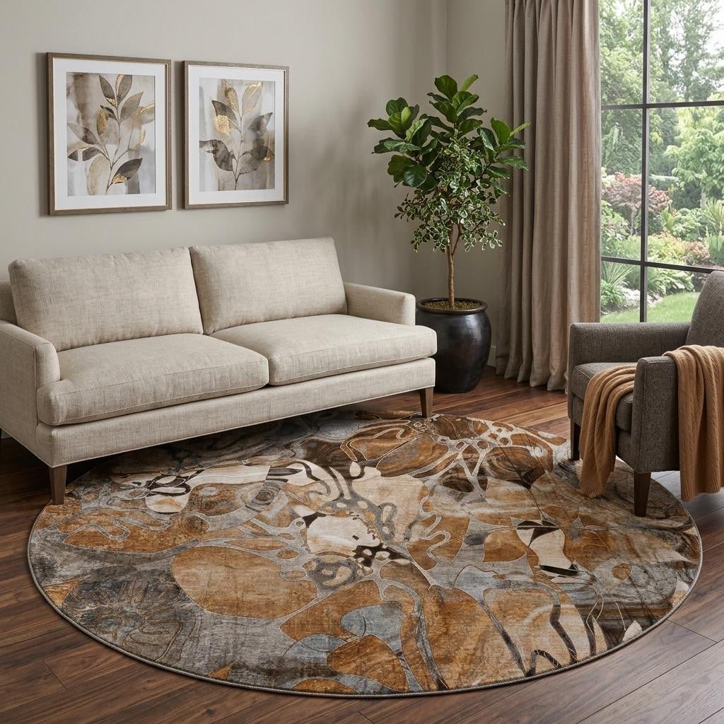 8 Rust And Gray Abstract Distressed Washable Round Rug With UV Protection