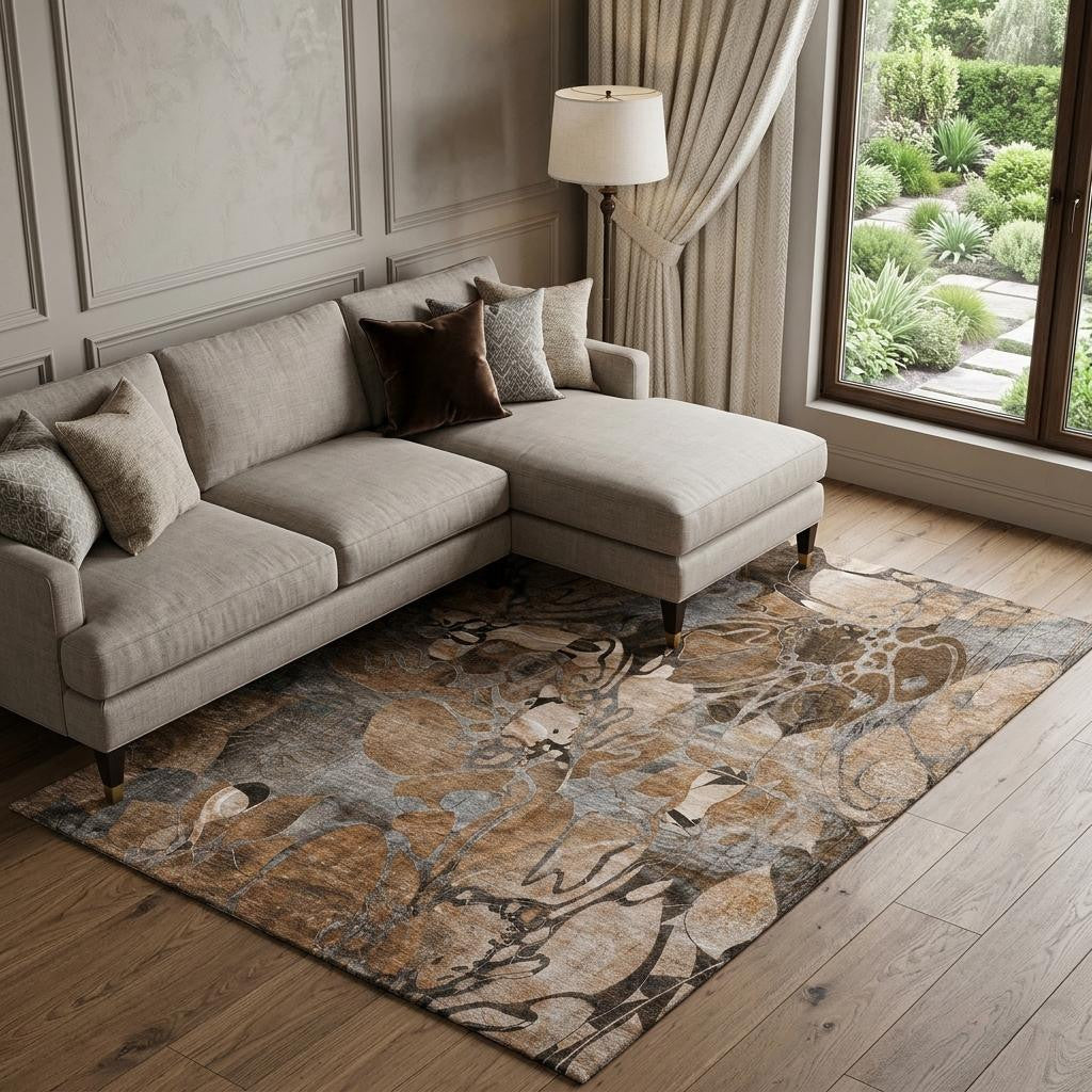 8 X 10 Rust And Gray Abstract Distressed Washable Area Rug With UV Protection