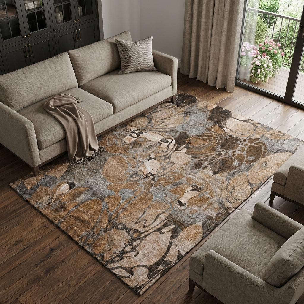 10 X 14 Rust And Gray Abstract Distressed Washable Area Rug With UV Protection