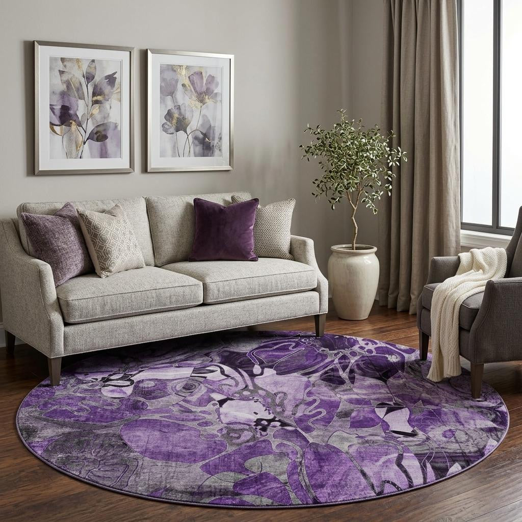 8 Purple And Ivory Abstract Distressed Washable Round Rug With UV Protection