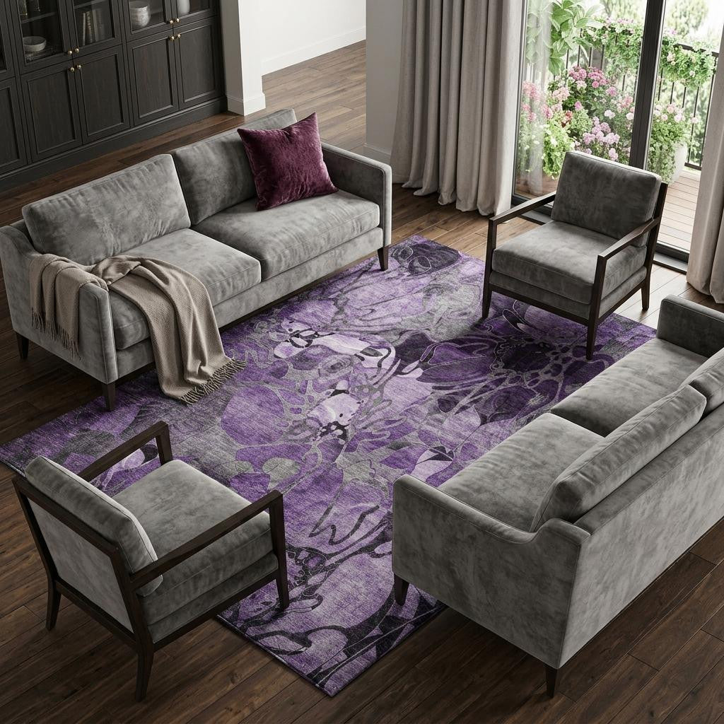 8 X 10 Purple And Ivory Abstract Distressed Washable Area Rug With UV Protection