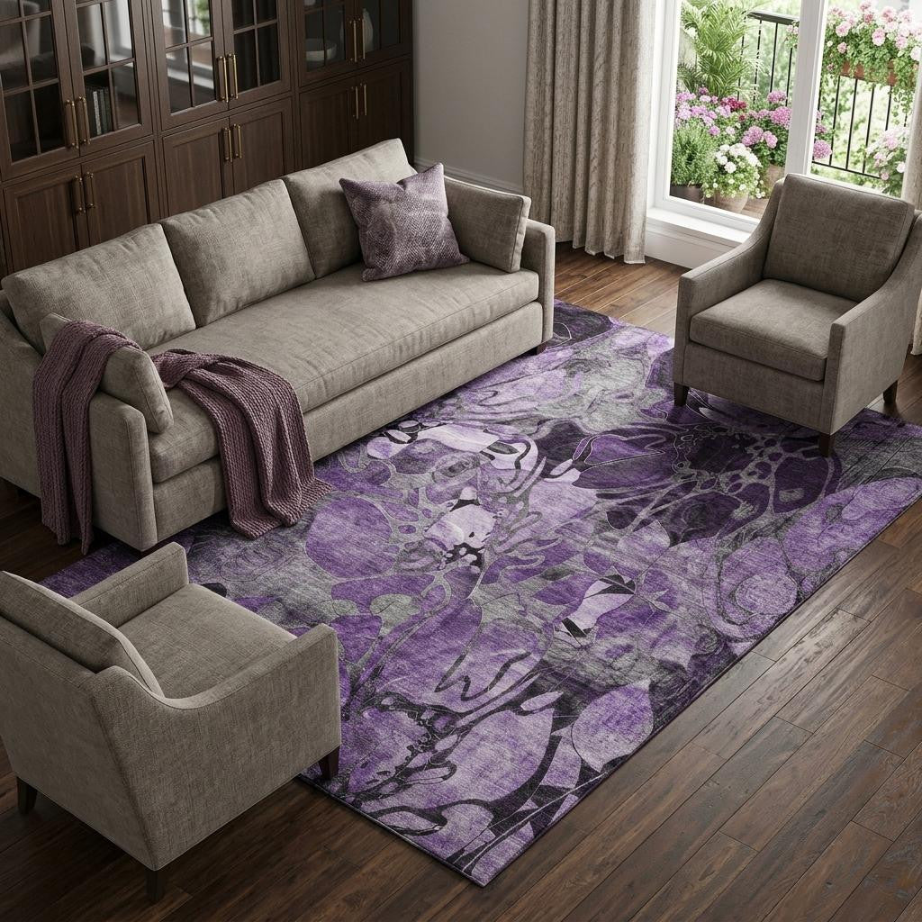 9 X 12 Purple And Ivory Abstract Distressed Washable Area Rug With UV Protection