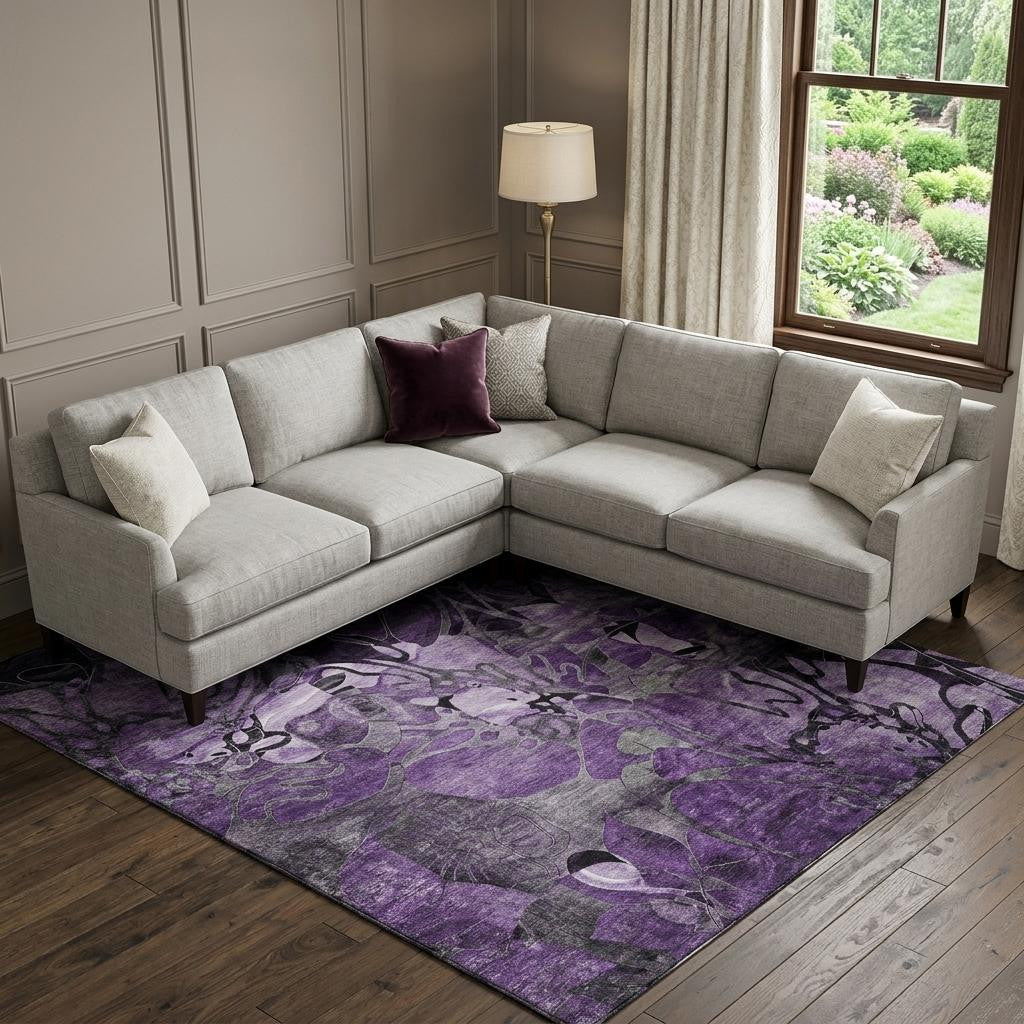 10 X 14 Purple And Ivory Abstract Distressed Washable Area Rug With UV Protection