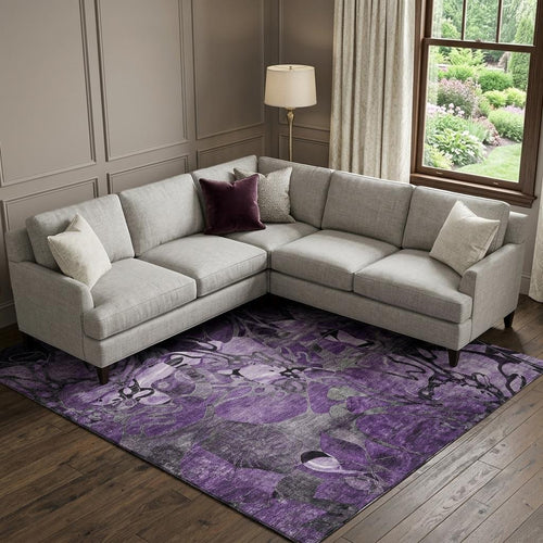 10 X 14 Purple And Ivory Abstract Distressed Washable Area Rug With UV Protection
