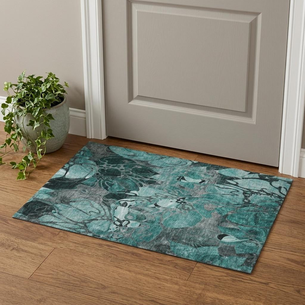3 X 5 Teal And Gray Abstract Distressed Washable Area Rug With UV Protection