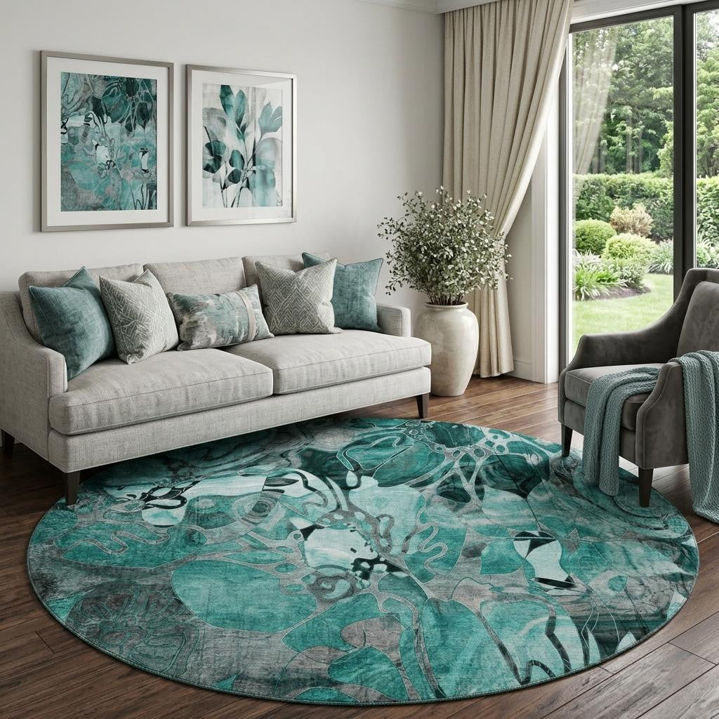 8 Teal And Gray Abstract Distressed Washable Round Rug With UV Protection