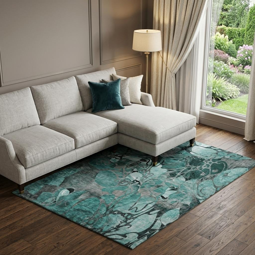 8 X 10 Teal And Gray Abstract Distressed Washable Area Rug With UV Protection