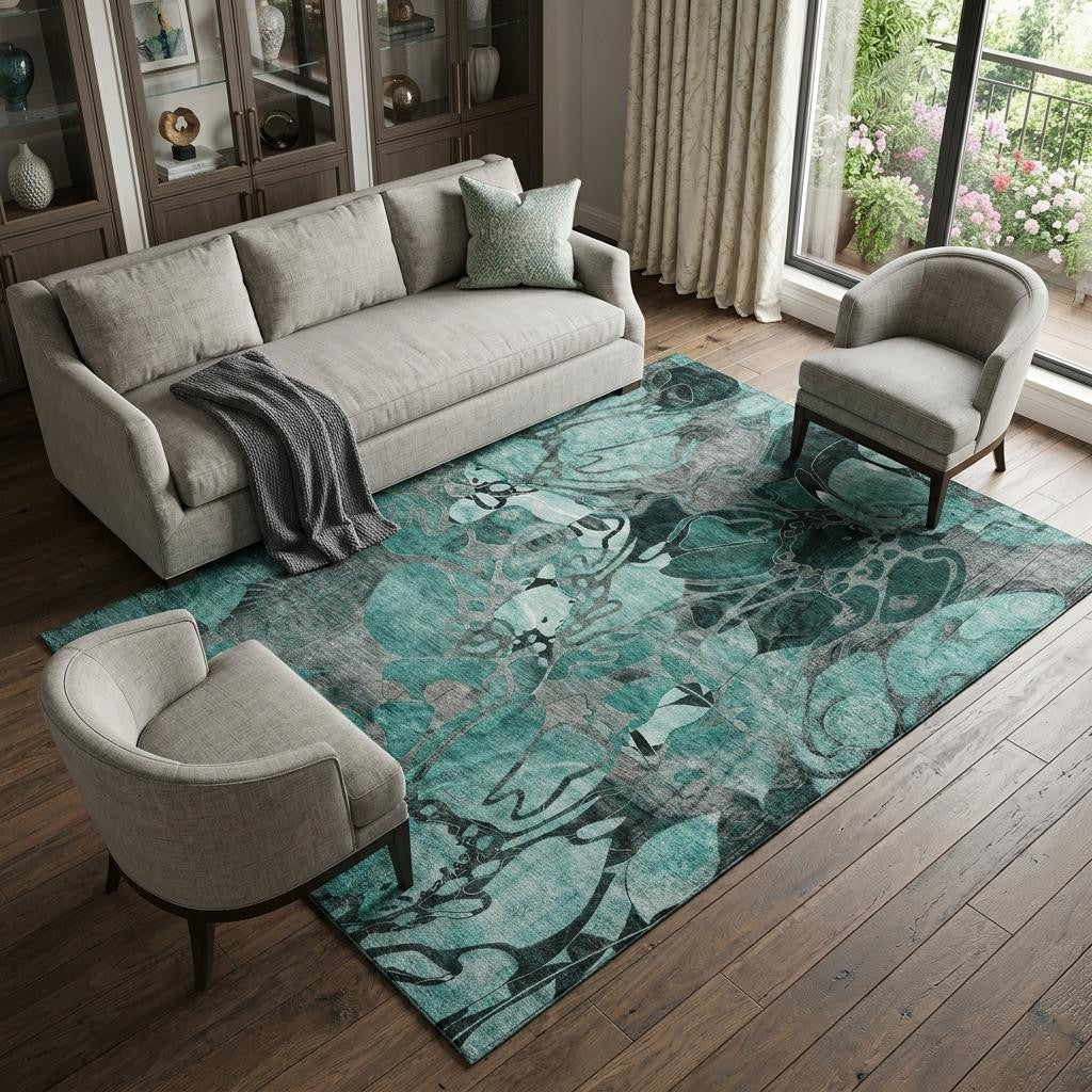 9 X 12 Teal And Gray Abstract Distressed Washable Area Rug With UV Protection