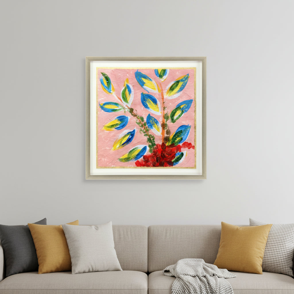 Vibrant Pink And Blue Modern Floral Giclee Silver Framed Wall Art