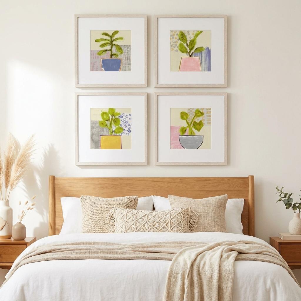Set Of Four Native Bud Distressed White Framed Wall Art