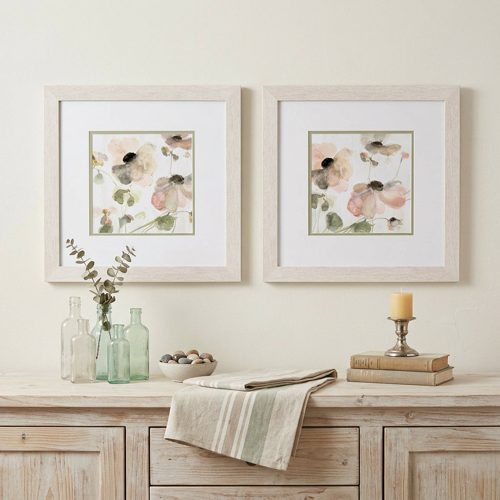 Set Of Two Soft Spring Pop Distressed White Framed Wall Art