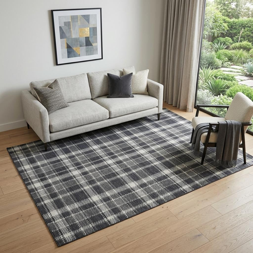 5 X 8 Black And Ivory Plaid Washable Area Rug With UV Protection