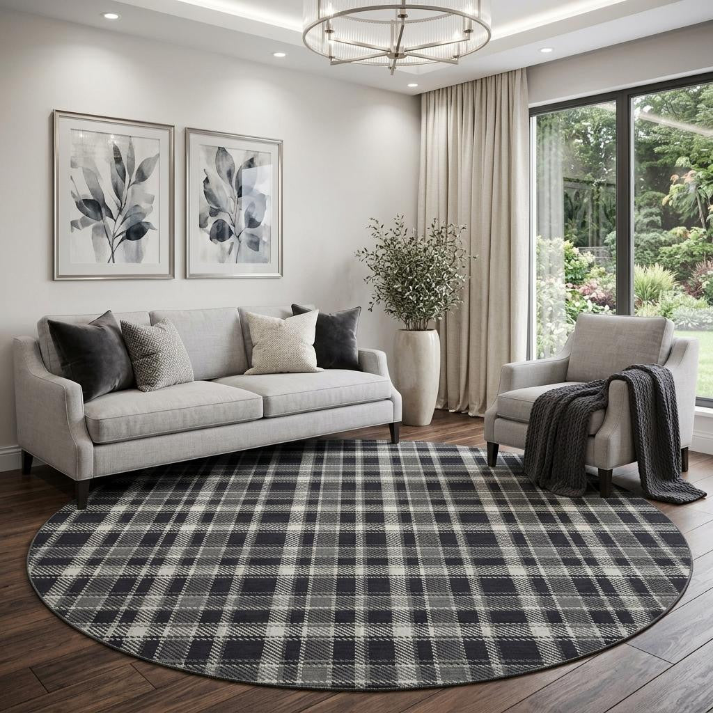 8 Black And Ivory Plaid Washable Round Rug With UV Protection