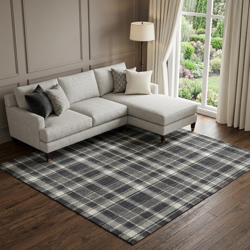 8 X 10 Black And Ivory Plaid Washable Area Rug With UV Protection