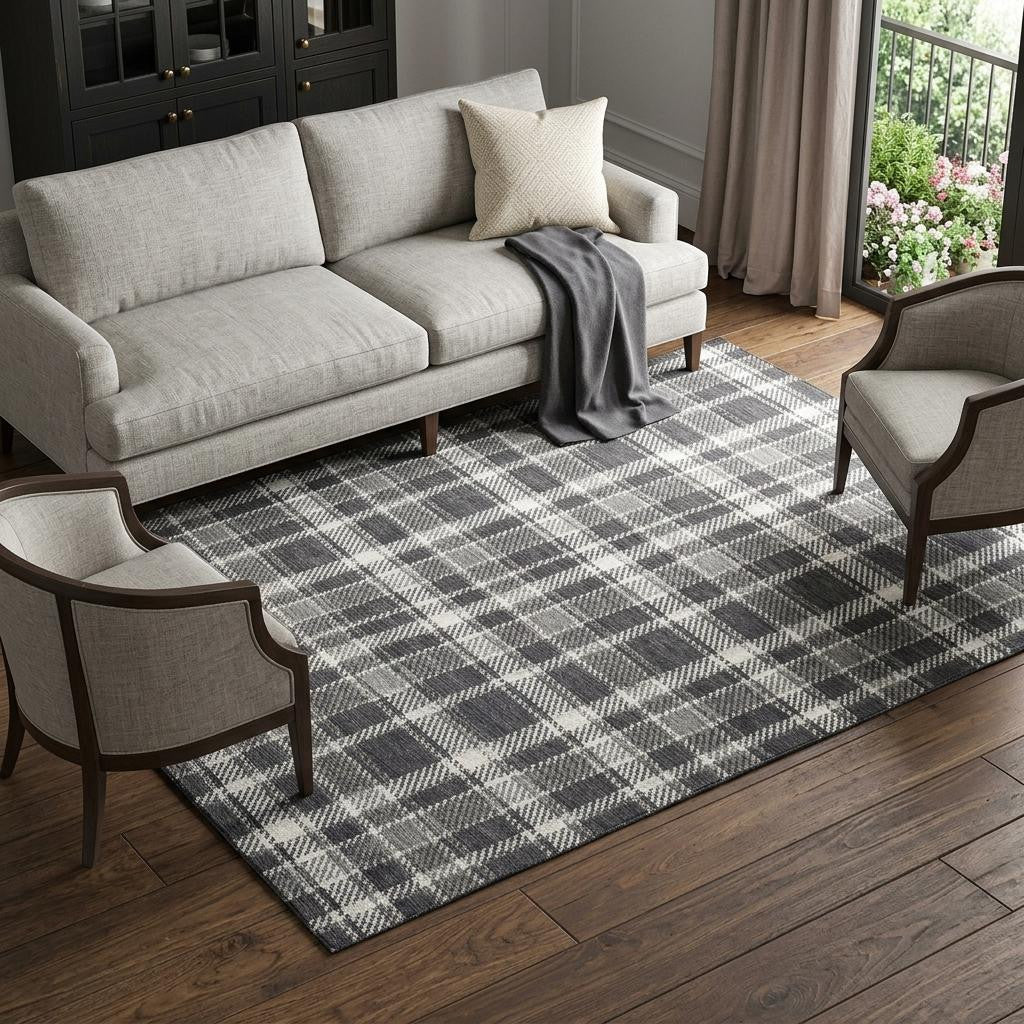 9 X 12 Black And Ivory Plaid Washable Area Rug With UV Protection